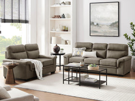 Modern living room with grey fabric sofa set, coffee table, and large wall art.