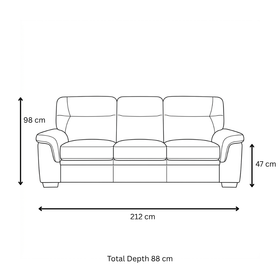 Erika 3 Seater Fabric Sofa dimension diagram — 212 cm wide, 88 cm total depth, 47 cm seat height, 98 cm overall height.