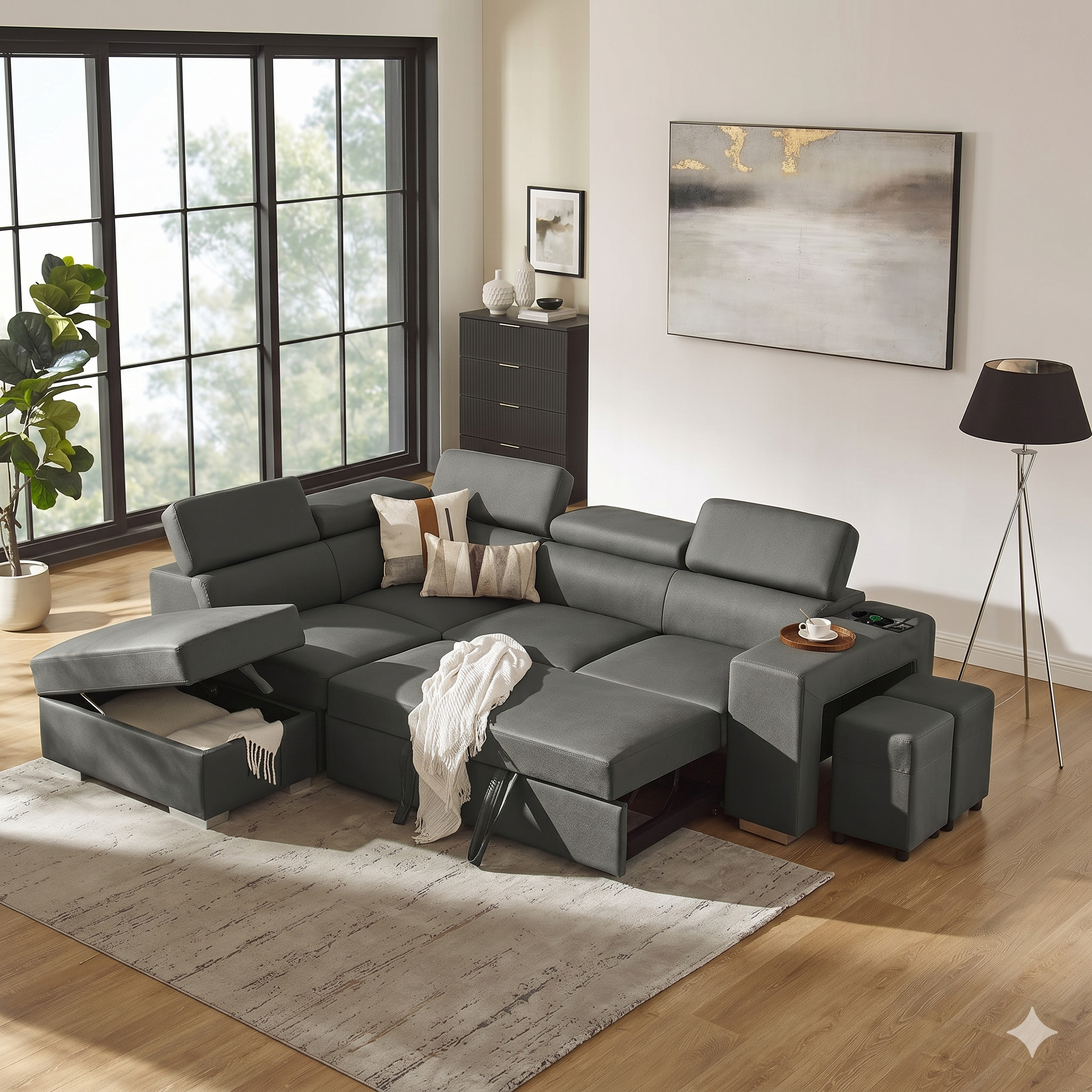 Gray pull out sofa bed  in a living room with a rug, lamp, and painting.