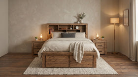 Wooden bed in a bedroom with nightstands, lamps, and decor.