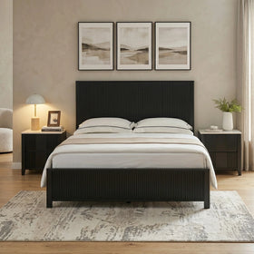 Caulfield bed frame in black with a fluted headboard and footboard, styled with matching black bedsides and neutral bedding - The A2Z Furniture