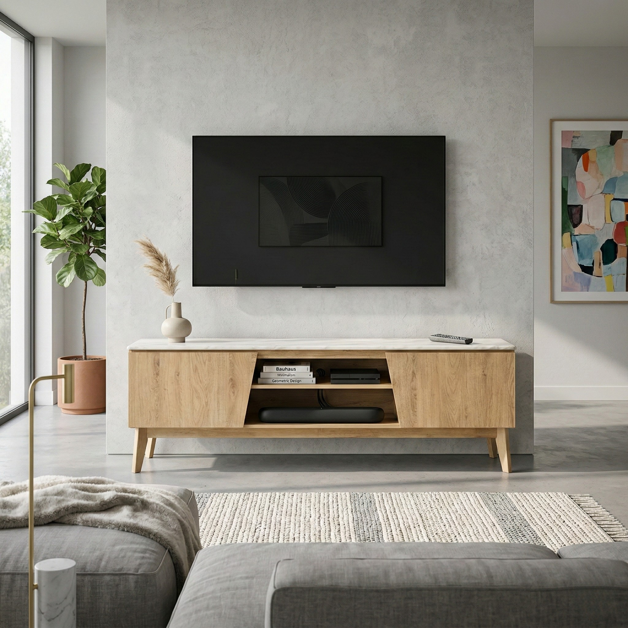 Modern living room with a wooden TV stand, television, and decor elements.