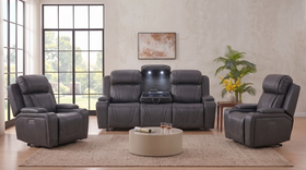 Ballina 3+1+1 electric recliner package in dark grey fabric, three-seater sofa with lit drop-down console flanked by two single armchairs, styled in a sunlit lounge - The A2Z Furniture