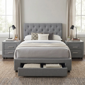 Fabulous 3 Piece Bedroom Suite - grey upholstered storage bed with tufted headboard flanked by two matching grey fabric bedside tables in a bright bedroom - The A2Z Furniture