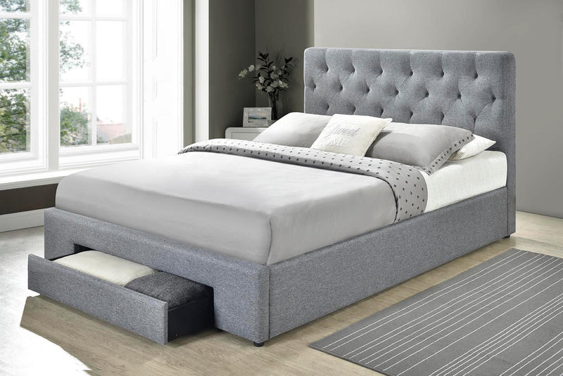 Fabulous Bedroom Suite - Modern Grey Upholstered Bed with Storage Drawer and Wooden Slat Base