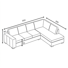 Fairfield fabric corner sofa dimension diagram showing 300 cm length, 190 cm chaise depth, 90 cm overall height and 50 cm seat height