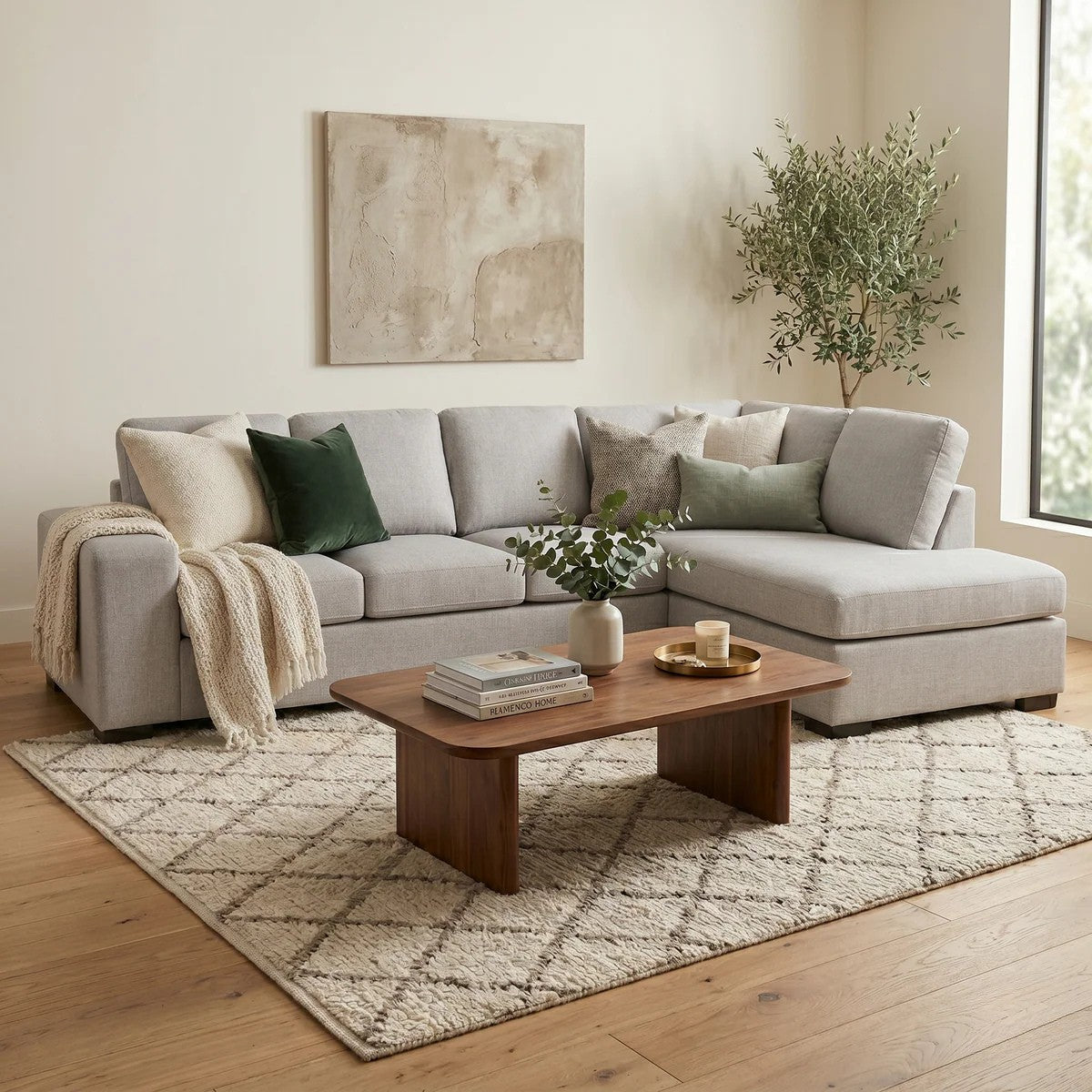 Fairfield Corner Sofa in light gray fabric with cozy cushions and a throw, styled in a bright living room with a wooden coffee table, neutral rug, and green plant.