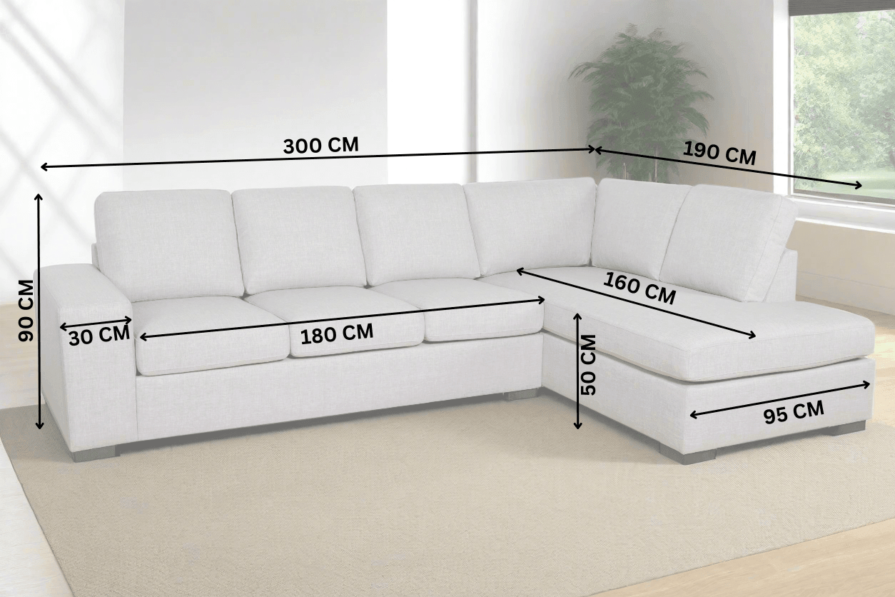 Light grey corner sofa with labelled measurements on each section, set in a bright living room