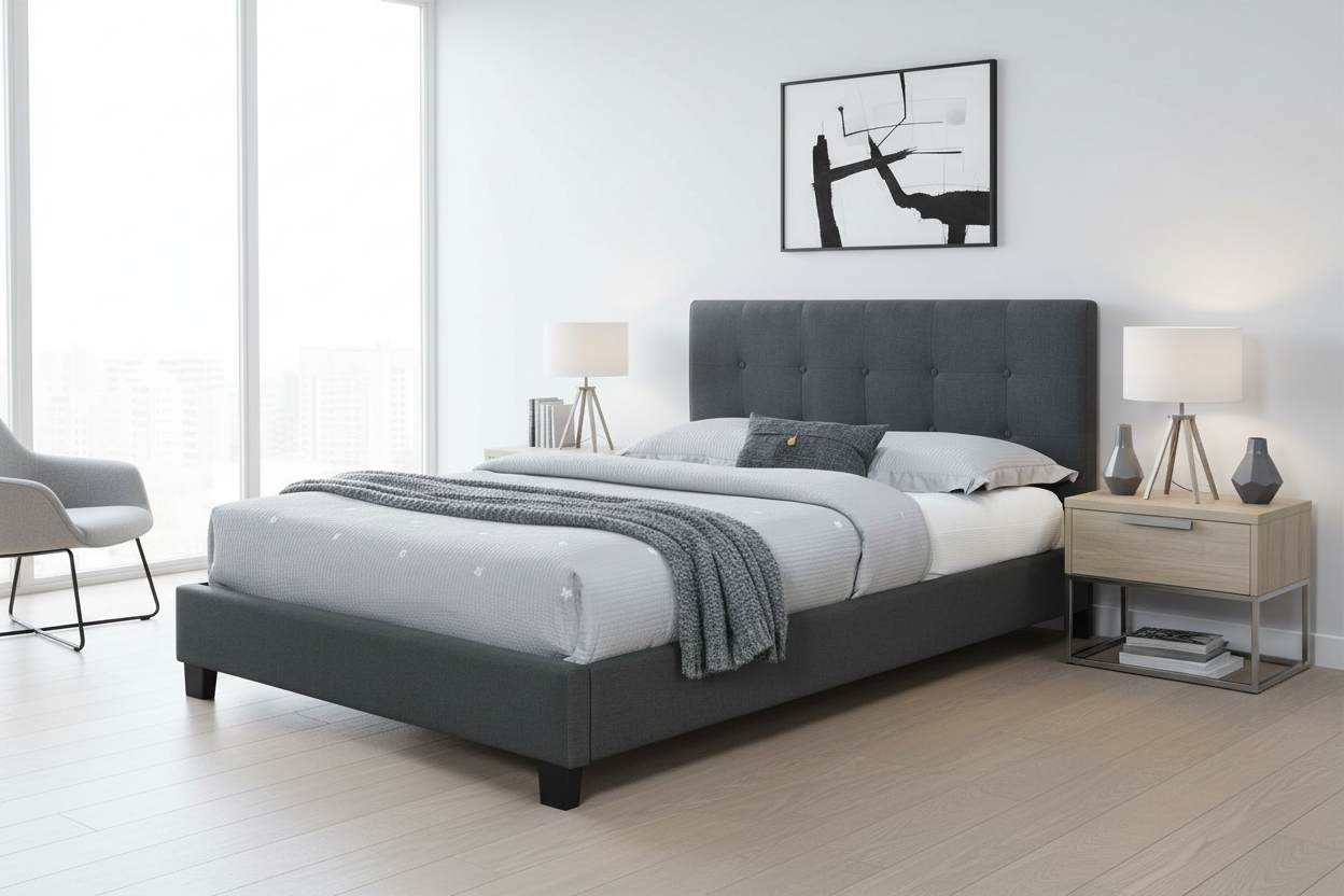 Gray upholstered bed in a modern bedroom with white walls and wooden flooring
