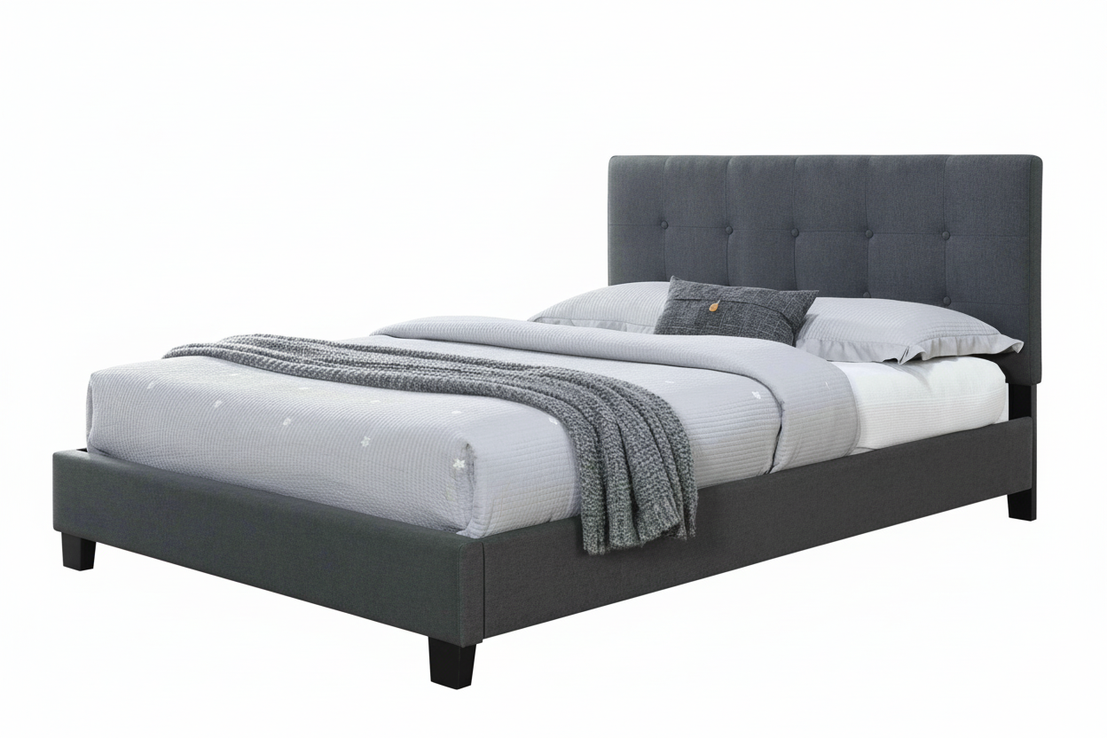 Fabric Grey upholstered bed with white bedding and grey blanket on a white background