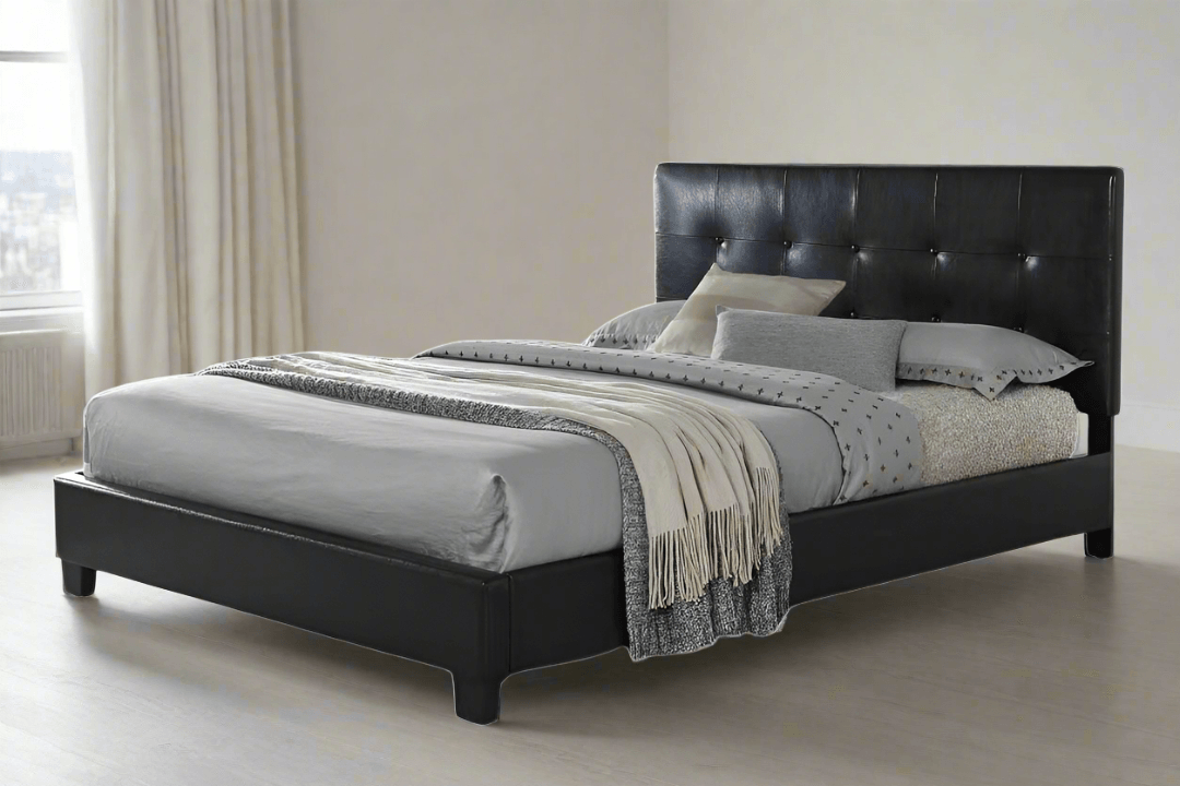 Black PU Leather Bed Frame with Padded Headboard. Available in all sizes - Single, King Single, Double, Queen & King.