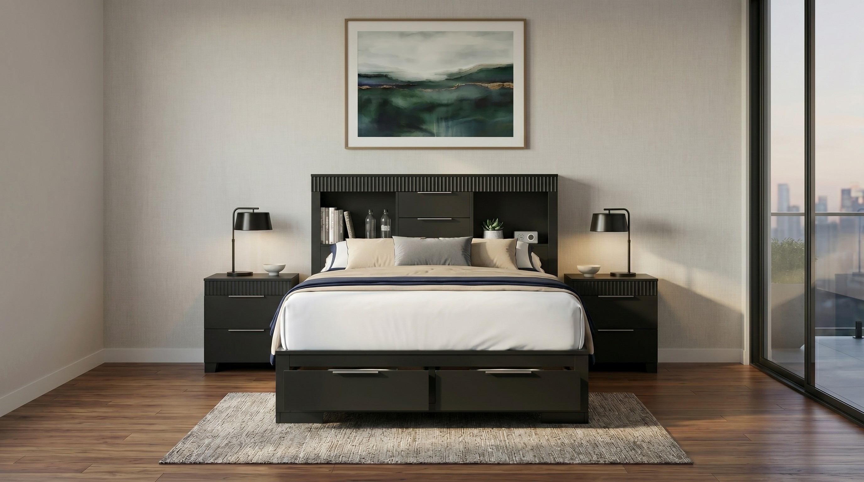 Modern bedroom with a black bed, nightstands, and a painting on the wall.