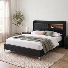 Federal USB Bed Frame with Storage Headboard in Black, three-quarter view, shown with matching Federal bedside tables (sold separately)