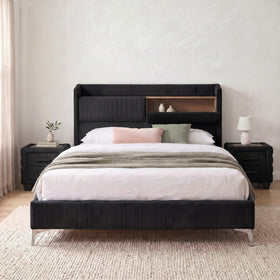 Federal USB Bed Frame with Storage Headboard in Black, front view, shown with matching Federal bedside tables (sold separately)