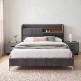Federal USB Bed Frame with Storage Headboard in Grey, front view, shown with matching Federal bedside tables (sold separately)