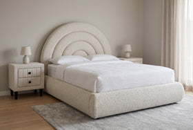 Finch 3 Piece Bedroom Package in White boucle: arched headboard bed frame with a matching bedside table on each side