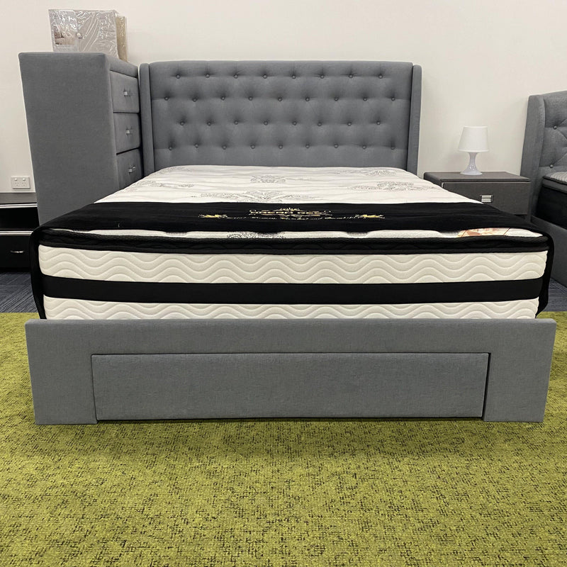 Image of Fiona fabric bed with storage in blue grey color, showing the convenient underbed storage with three drawers - The A2Z Furniture