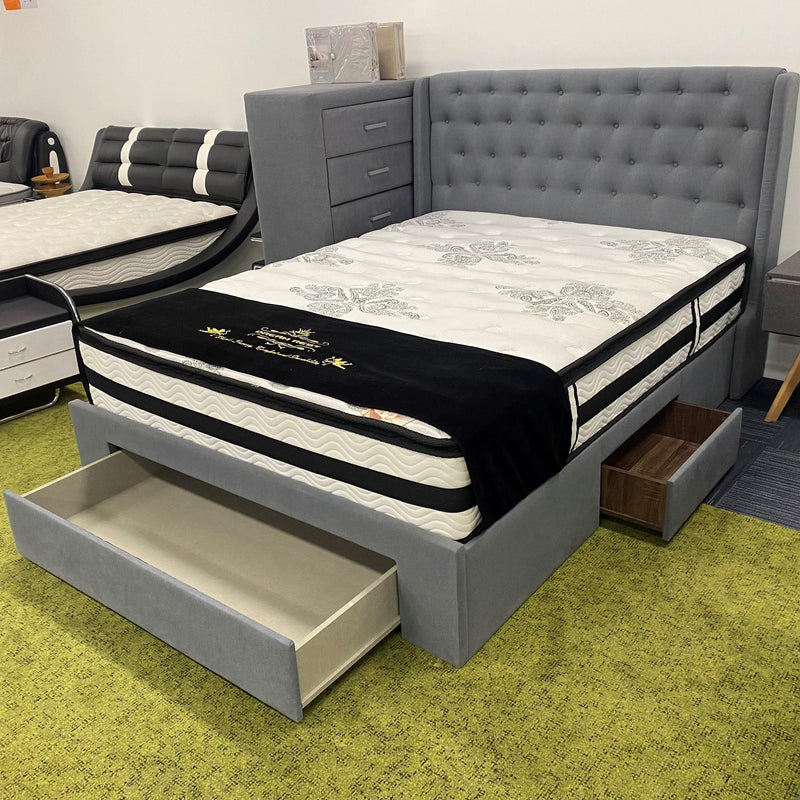 Image of Fiona fabric bed with storage in blue grey color, showing the convenient underbed storage with three drawers - The A2Z Furniture