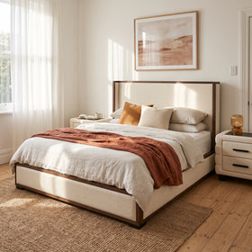 Fitzroy 3 Piece Beige Bedroom Suite: Fitzroy bed and bedside tables in Beige, three-quarter view