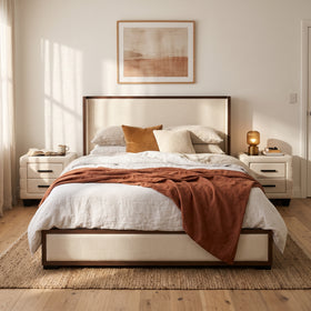 Fitzroy 3 Piece Beige Bedroom Suite: Fitzroy bed and two matching bedside tables in Beige, front view