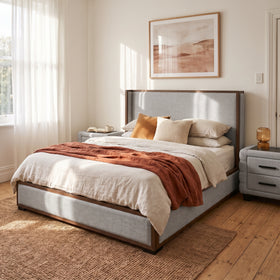 Fitzroy 3 Piece Grey Bedroom Suite: Fitzroy bed and bedside tables in Grey, three-quarter view