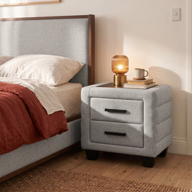 Fitzroy Bedside Table in Grey, beside the Fitzroy bed