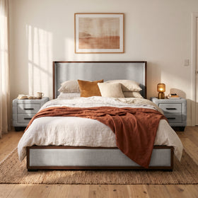 Fitzroy Upholstered Bed Frame in Grey, front view, shown with matching Fitzroy bedside tables (sold separately)