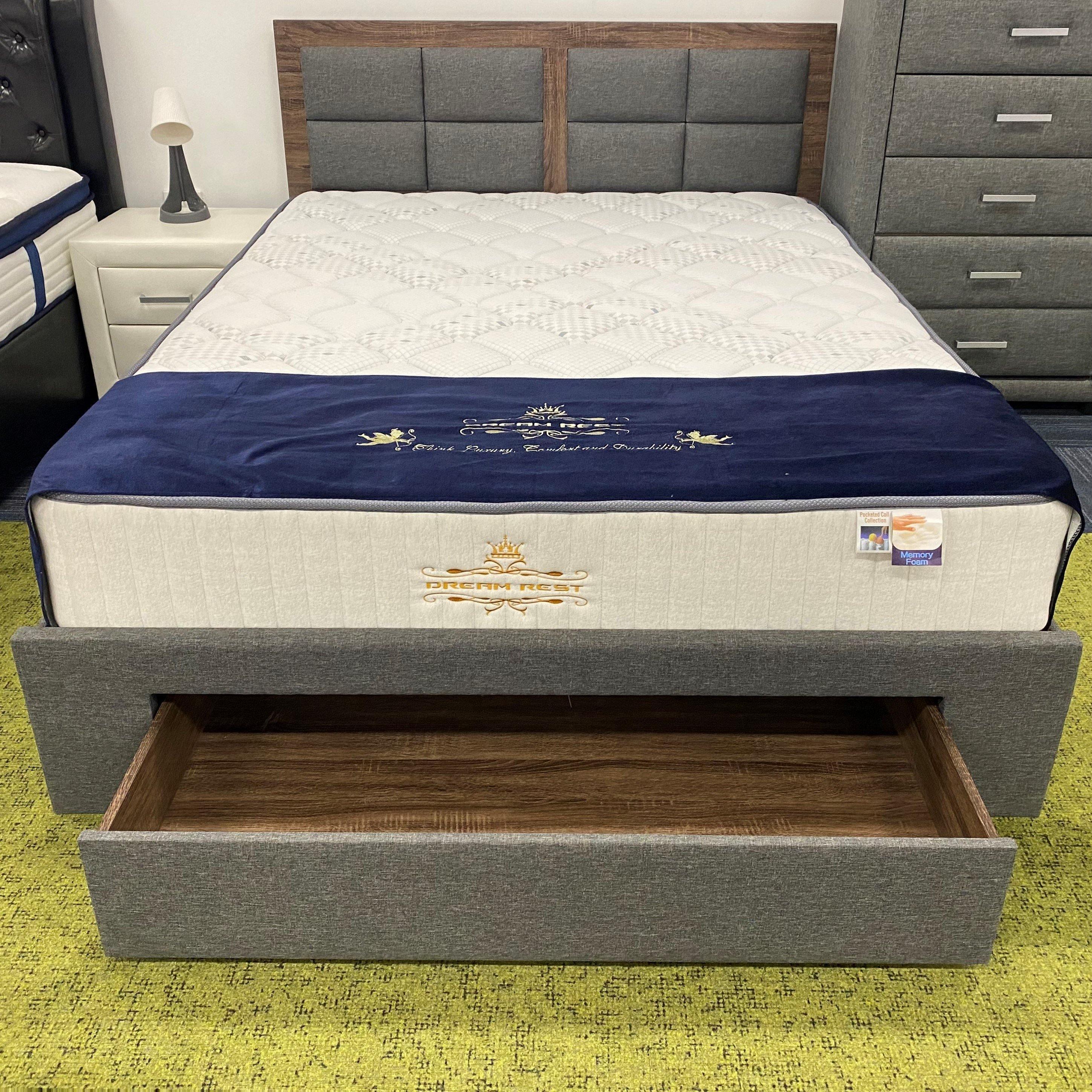 Flame Fabric Bed with Storage - Grey Upholstered Bed with Convenient Drawer for Extra Storage- The A2Z Furniture