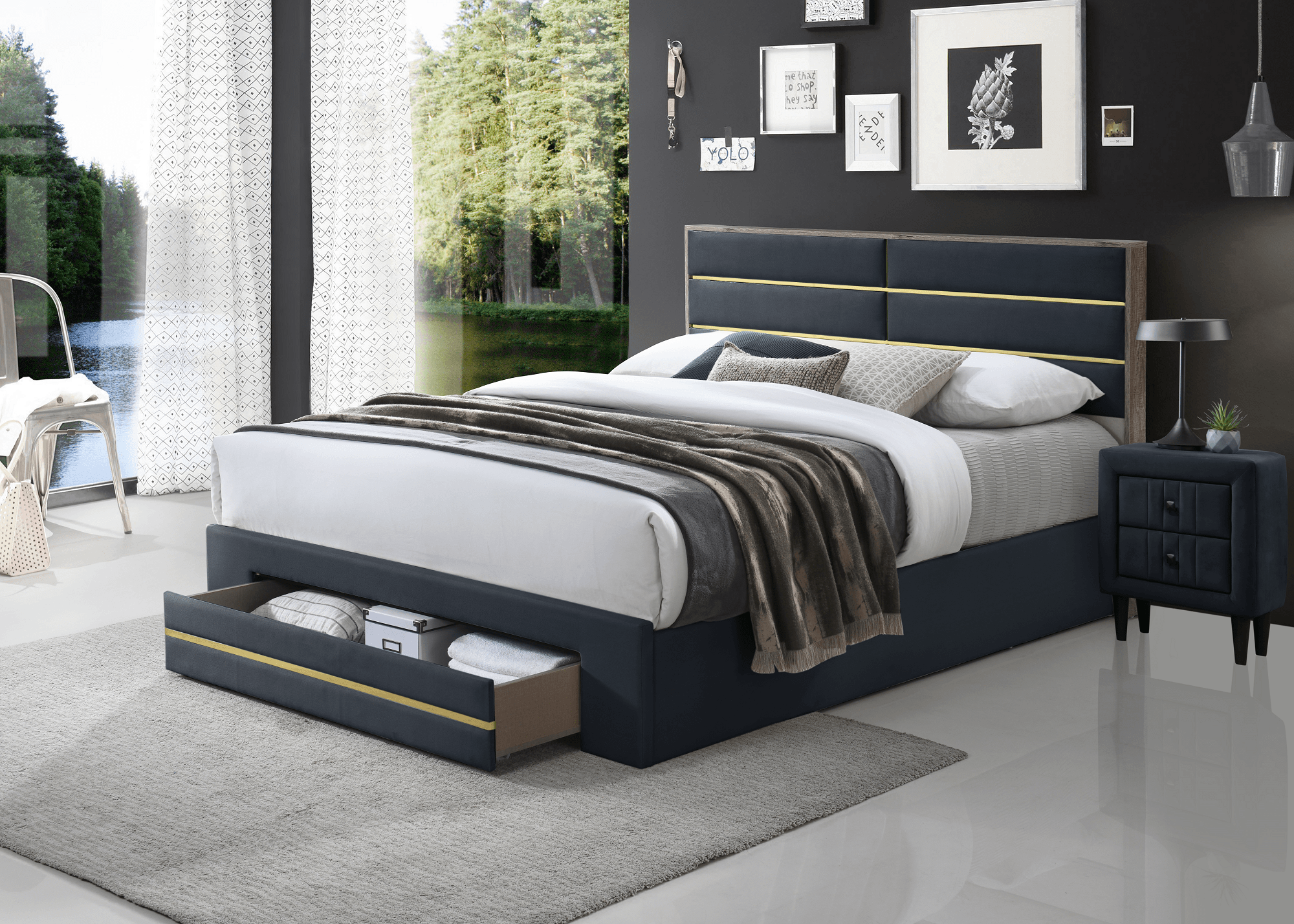 Modern black upholstered bed frame with headboard, underbed storage drawer, in contemporary bedroom