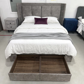 Forest storage bed frame in Light Grey with both footend drawers open, in our showroom