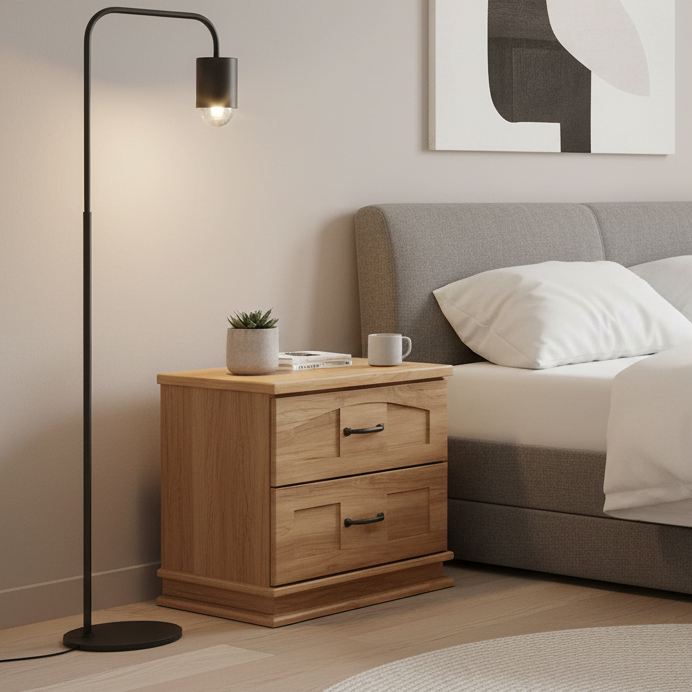 Modern bedroom with a bed, nightstands, and floor lamp.