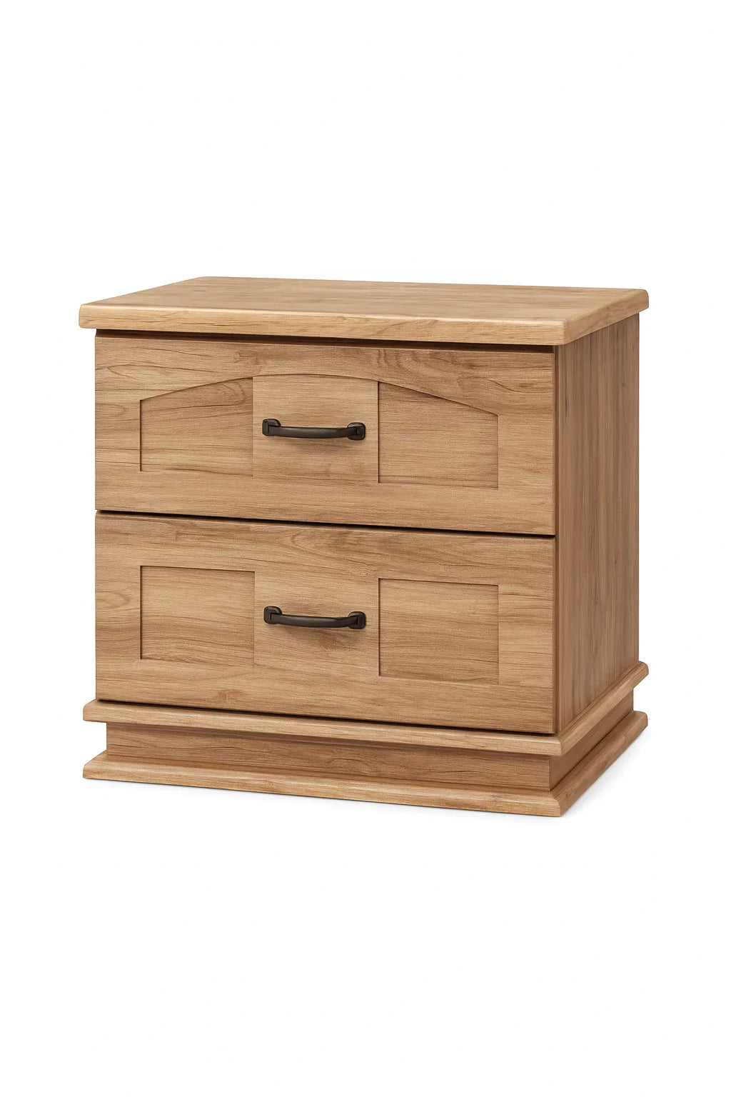 Light oak wooden bedside table with two drawers and black handles on a white background