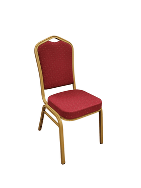 Glamour Dining Chair angled view - red patterned fabric seat and crown-shaped back with a cut-out handle, on a gold-coated metal frame - The A2Z Furniture