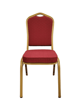 Glamour Dining Chair front view - red patterned fabric upholstery on a stackable gold-coated metal banquet frame - The A2Z Furniture