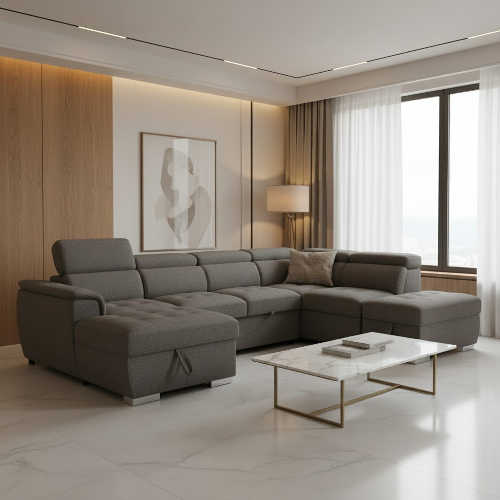 Modern living room with a grey sectional sofa bed with the ottoman, marble coffee table, and abstract art on the wall.