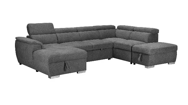 Grey sectional sofa bed with ottoman on a white background