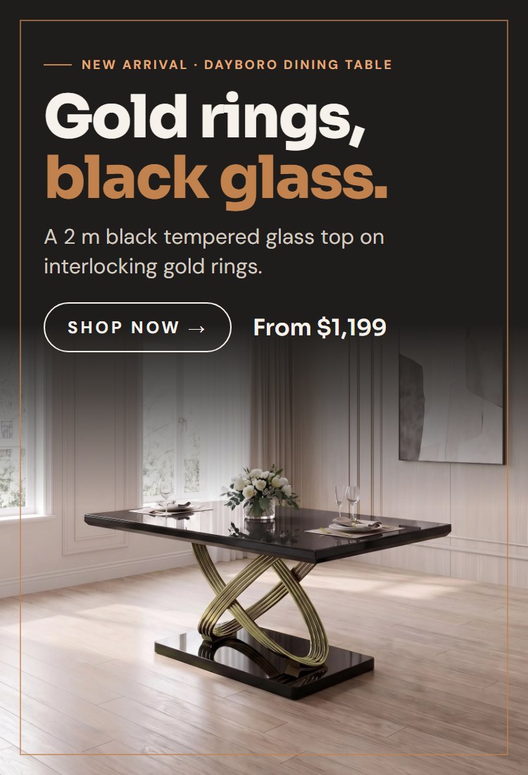 Dayboro dining table with a black glass top on interlocking gold rings