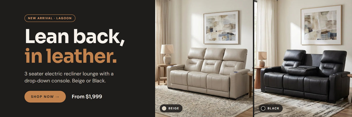 Lagoon 3 seater electric leather recliner lounge in Beige and Black