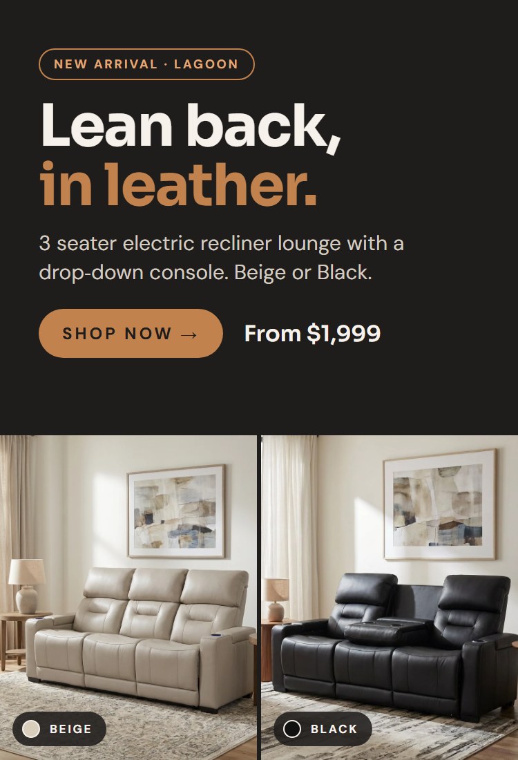 Lagoon 3 seater electric leather recliner lounge in Beige and Black