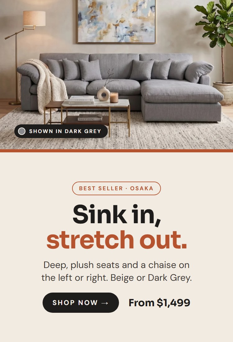 Osaka 3 seater couch with chaise in Dark Grey and Beige in two living rooms