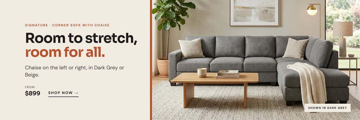 Signature corner sofa with chaise in Dark Grey in a living room