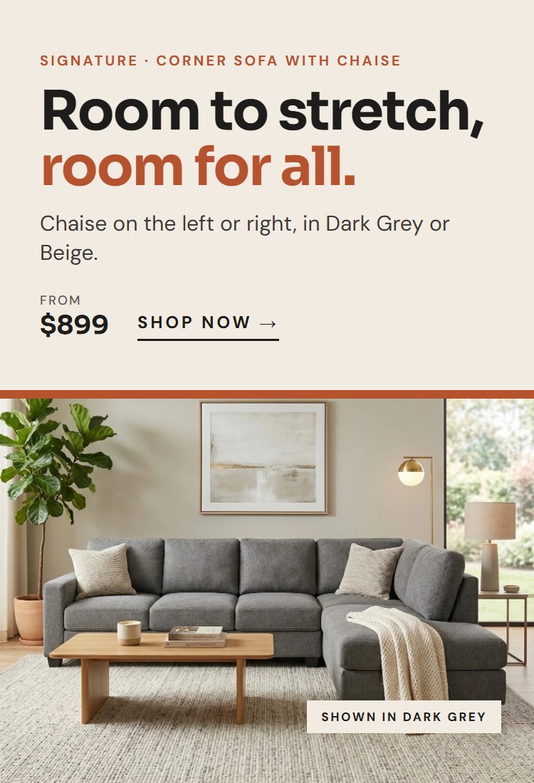 Signature corner sofa with chaise in Dark Grey in a living room