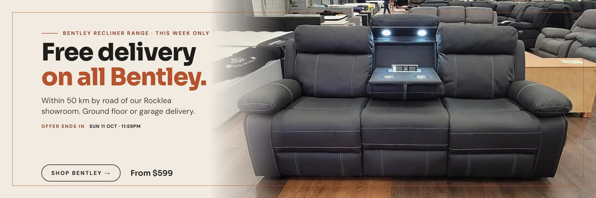Free delivery on all Bentley recliners within 50 km of Rocklea, ends Sunday 11 October 11:59pm