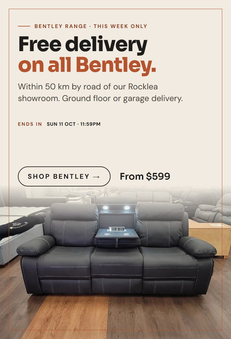 Free delivery on all Bentley recliners within 50 km of Rocklea, ends Sunday 11 October 11:59pm