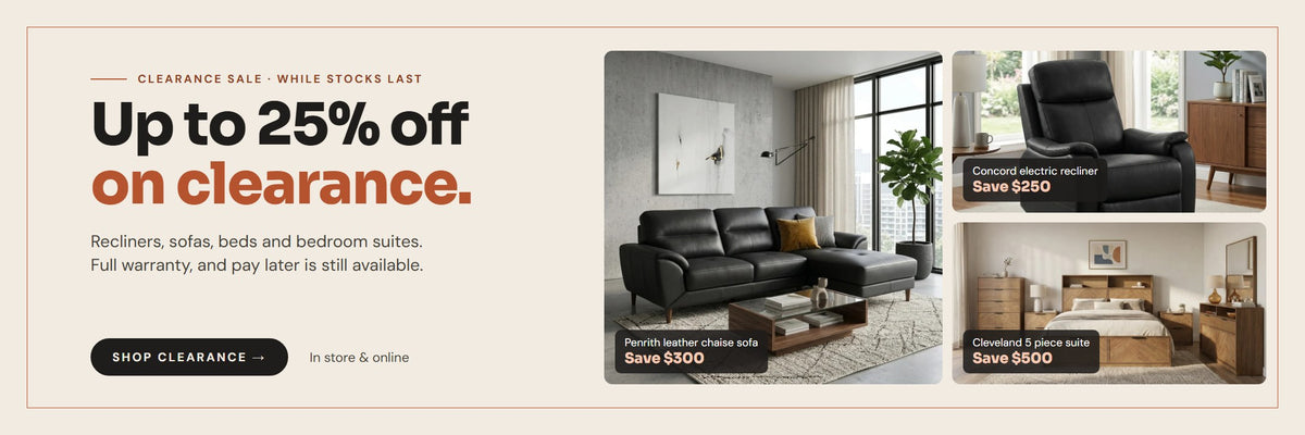 Clearance sale: up to 25% off on clearance. Penrith leather chaise sofa save $300, Concord electric recliner save $250, Cleveland 5 piece suite save $500