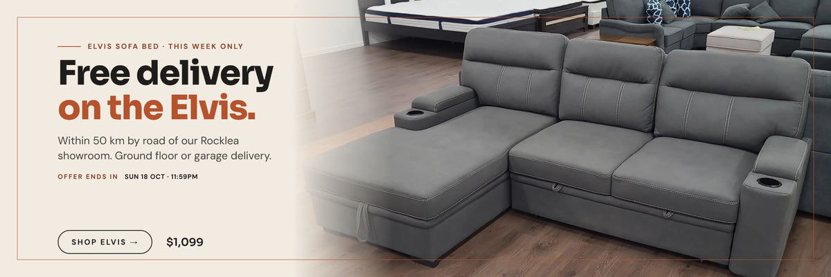 Free delivery on the Elvis sofa bed within 50 km of our Rocklea showroom, ends Sunday 18 October