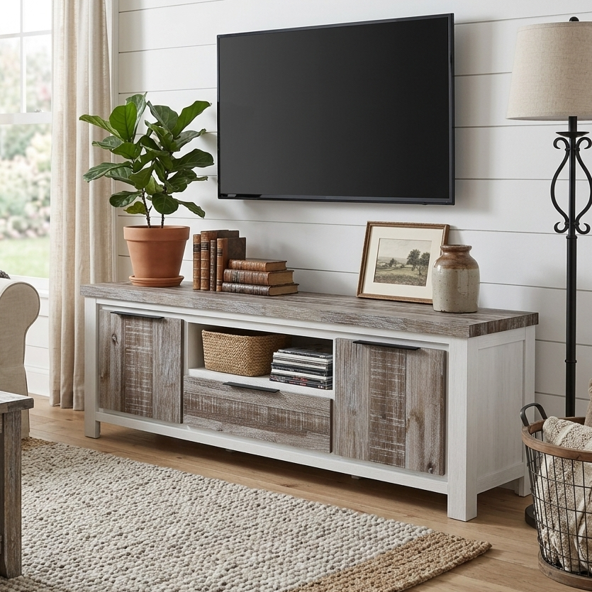 A cozy modern farmhouse living room features a flat-screen TV mounted on a white shiplap wall above a rustic white and grey wood media console. The console, decorated with a potted Fiddle Leaf Fig plant, stacked books, and a framed print, sits on a textured jute area rug and light wood floor. A grey sofa with a chunky knit throw and a rustic wooden coffee table are to the left, while an ornate black metal floor lamp and a wire basket with textiles are to the right. A window with sheer curtains provides natu