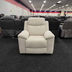 Hudson Electric Recliner Chair in cream textured woven fabric, front-on view in the upright position, at The A2Z Furniture showroom