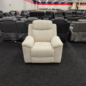 Hudson Electric Recliner Chair in cream textured woven fabric, front view showing the padded headrest and rolled arms, at The A2Z Furniture showroom