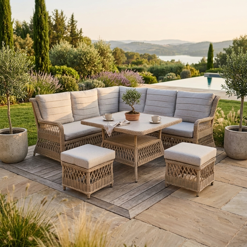 Outdoor patio set with sectional sofa, table, and ottomans on a wooden deck with a scenic background.